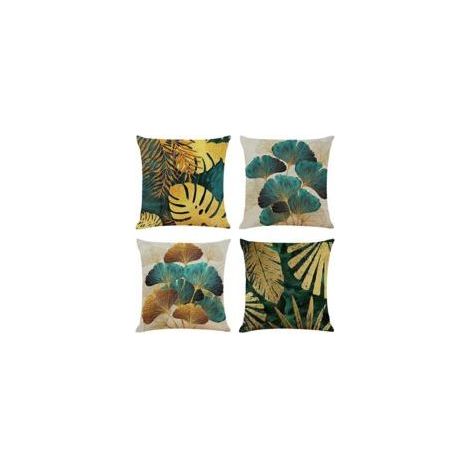 4er-Set Kissenbezüge 45 x 45 cm – Muster aus türkisfarbenen und goldenen Blättern – Öko-Leinen – Unsichtbarer Reißverschluss (1/5)