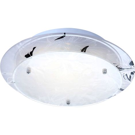 Plafonnier rond en verre, lampe de cuisine, lampe de salon moderne, lampe de plafond E27, chrome, décor floral blanc, DxH 25x9,5 cm (1/5)