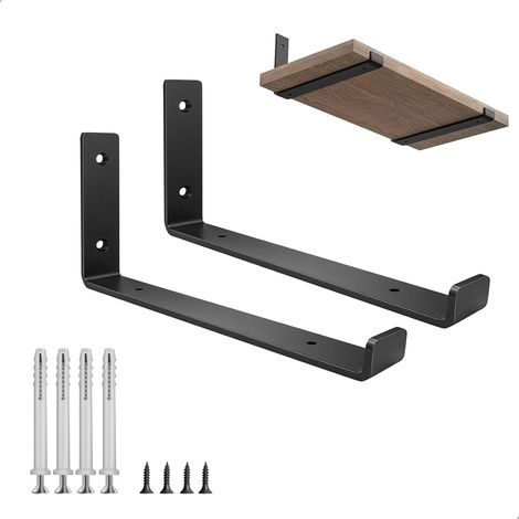 Lot de 2 Equerre Etagere Murale - Support Etagere Murale en Acier de 5 mm d'Épaisseur pour Charge Lourde avec Rebords, Équerre Étagère Noirs, Equerre Charge Lourde avec Vis Assorties (25 cm) (1/5)