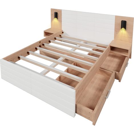 Letto matrimoniale 140x200 cm con 2 cassetti, luce di lettura USB, 2 comodini, bianco rovere (1/5)