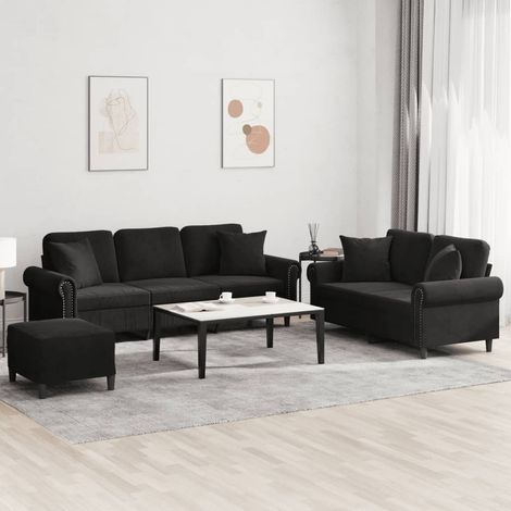 3-tlg. Sofagarnitur mit Kissen Schwarz Samt