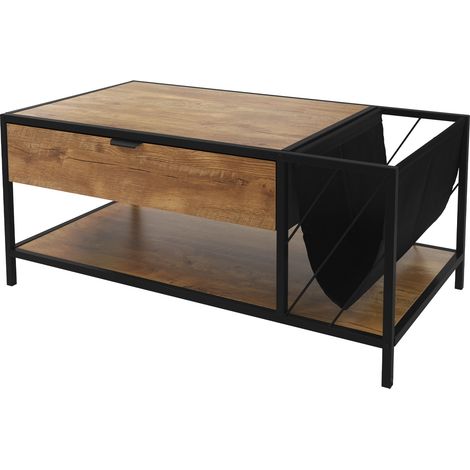 ML-Design Couchtisch 100x54x45 cm Braun-Eiche-Rustikal, Sofatisch aus Holz, Wohnzimmertisch mit Metallgestell und 2 Ablagen, Beistelltisch mit Schublade & Zeitschriftenfach, Kaffeetisch für Wohnzimmer