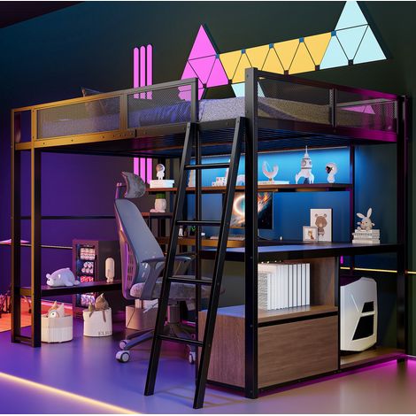Lit mezzanine 140x200 cm en métal noir avec bureau, gain de place, sans matelas – MEUBLIV (1/5)