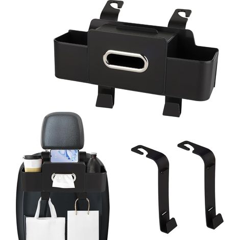 Scatola portaoggetti da appendere allo schienale del sedile dell'auto - Organizer multifunzione per seggiolino auto con porta fazzoletti, portabicchieri e ganci, organizer portaoggetti durevole (1/4)