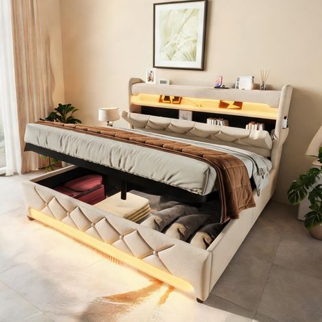 Cadre de lit beige en lin 215 x 146 x 111 cm (1/5)