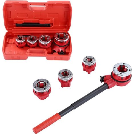 Coffret Filières de Plombier, Kit de filetage de tuyau Ensemble de filetage manuel en acier de plomberie avec 4 matrices pour l'installation de conduites d'eau et de gaz 318504