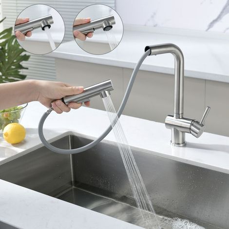 Robinet Cuisine avec Douchette Mitigeur Douchette d'évier Extractible à 2 Jets Mitigeur Evier Pivotant à 360° Mitigeur de Cuisine avec Barboteur Démotable (1/4)