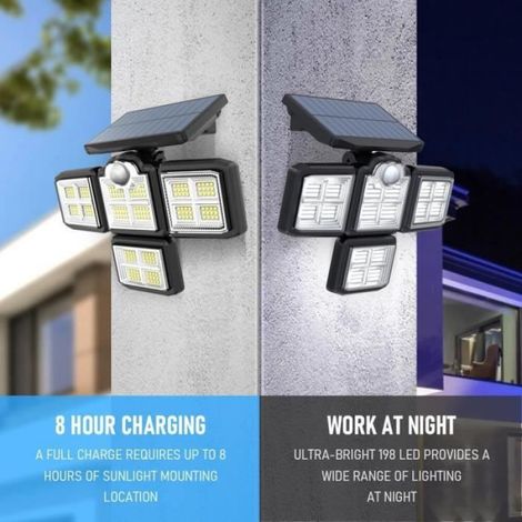 Lampe Solaire Exterieur, Lumière Solaire Extérieure avec Détecteur de Mouvement 198 LED,IP65 tanche,4 têtes rotatives (1/4)