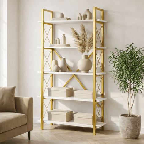 Modernes Bücherregal aus weißem Melamin Ely – Goldener Rahmen –
