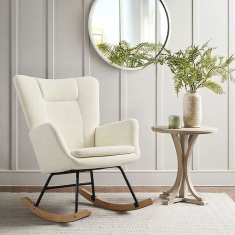 Fauteuil à bascule – Dossier haut avec appui-tête – Assise épaisse – Tissu bouclette – Structure en bois et métal – Support 160 kg – Blanc – Home Nature Wohnkonzept (1/5)