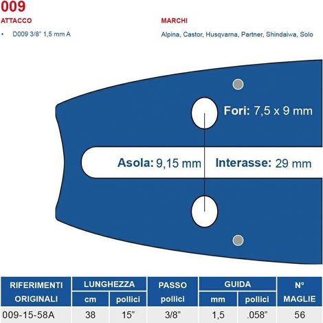 Barra motosega 38 cm - 15" passo 3/8", spessore 1.5 mm - .058" attacco 009, 56 maglie 452741