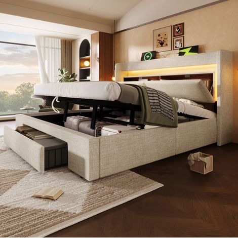 Cama dormitorio con almacenaje LED carga beige lino OKMYHOME (1/5)