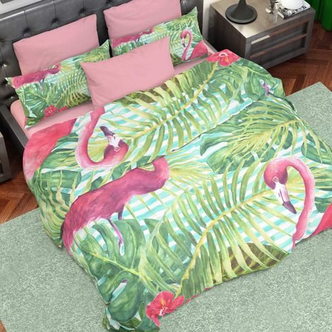 Housse de Couette, Lit (180x200), Flamants Roses, Tissu 100% Satin Frais, 100% Made in Italy (1/4)