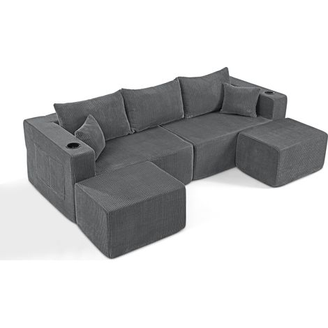 CHICFURN Canapé d'angle modulable 3 places en velours côtelé gris, avec ottomans mobiles, porte-gobelets, poches latérales et coussins (1/5)
