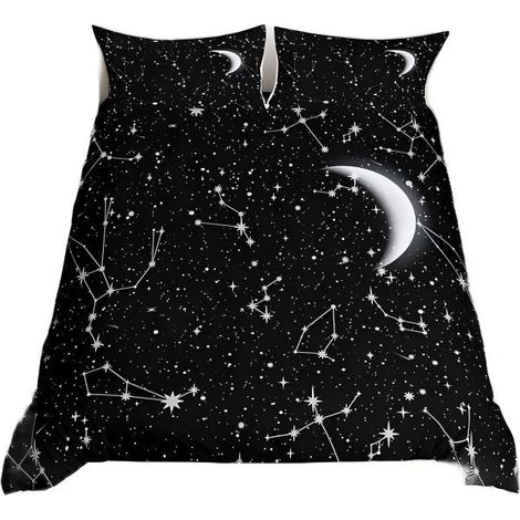 Parure de lit à motif zodiaque, housse de couette galaxie étoilée 200x200cm, lune et étoiles noires et blanches (1/4)