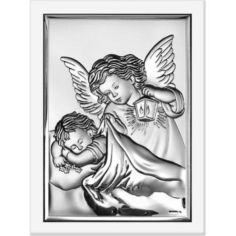 Cuadro plateado de ángel con linterna, recuerdo de Bautismo y Comunión 6325W 7,5 x 10,5 cm (1/4)