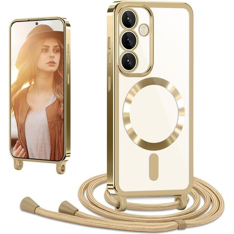 Coque avec Cordon pour Samsung Galaxy S24, Coque Magnétique de Cellulaire Corde Transparent Silicone Étui en Galvanisé avec Réglable Collier Téléphone Chaîne Lanyard Housse pour S24 5G, Or (1/5)