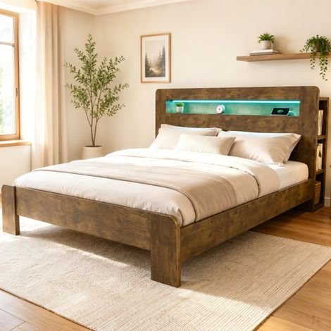 Lit moderne en bois vintage 180x200 cm avec tête de lit rangement, LED et prises intégrées