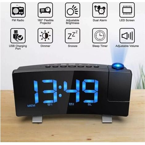Réveil Radio FM LED avec Projection et Port USB - Horloge Digitale Radio-Pilotée avec Alarme et Variateur de Luminosité (1/5)