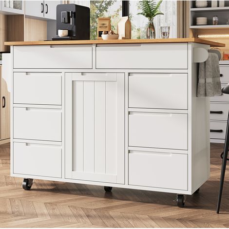 Isola da cucina 122x46x91.5 cm bianca in MDF con piano ribaltabile, 8 cassetti, armadietto e ruote (1/5)