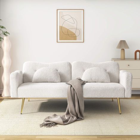 Canapé convertible 2 places blanc, dossier réglable 3 positions, tissu effet laine bouclée, pieds métal doré, 2 coussins, 175 cm (1/5)