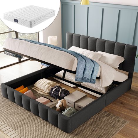 Letto matrimoniale contenitore 140x200 lino con materasso OKMYHOME (1/5)