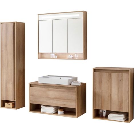Fackelmann NATURA Badmöbel Set 5-teilig, 94 cm, Braun hell+Spiegelschrank+Midischrank+Hochschrank"-"90341145 (1/2)