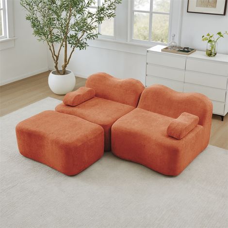 Canapé Modulaire en L 2 Places avec 1 Ottoman - 192x167x70cm - Mousse 32D Haute Densité et Design Ondulé en Velours - Orange (1/5)