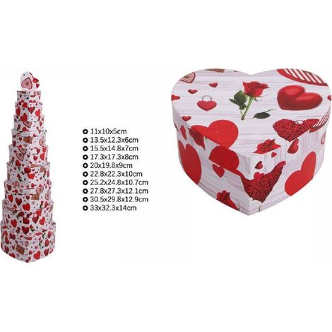 TrAdE Shop Traesio - Set 10 Pz Scatole Regali Varie Misure Matrioska Forma Cuore Fantasia Cuori 71971 -