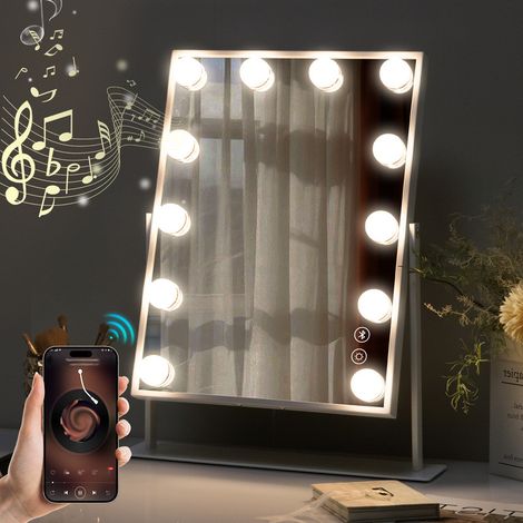 Fenchilin – Miroir de maquillage intelligent avec Bluetooth – Chargement sans fil – 12 ampoules LED – 30cm x 41cm – Grossissement x 10