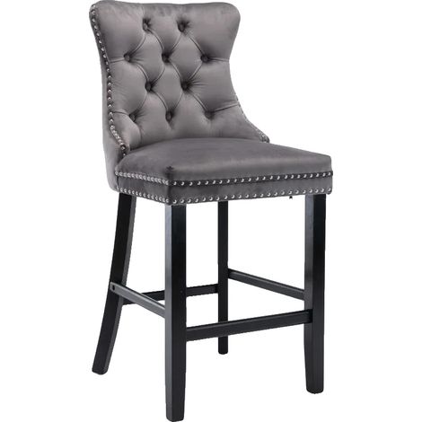 Taburetes de bar, tapicería de terciopelo, estructura de madera maciza, color gris. (1/2)