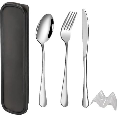 Couverts Lunch Box Camping, étui Renforcé Boucle, Couvert Voyage, Travail école, Lavable-5 pièces (Noir) (1/5)
