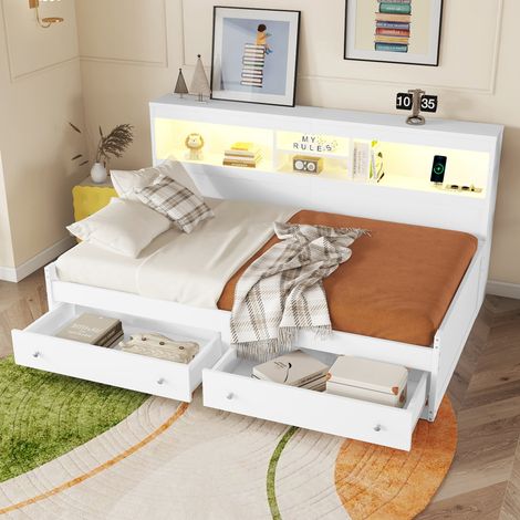 Letto daybed moderno 90x200 cm in truciolare bianco con testiera contenitore, LED, 2 USB, 2 prese, 2 cassetti e rete a doghe
