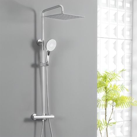 Auralum Max Colonne Douche Thermostatique, tête douche carrée 30 x 30 cm, Pommeau Douche ronde 5 Jets, Douche Pluie Réglable en Hauteur, avec Mitigeur en cuivre, Chromé (1/5)