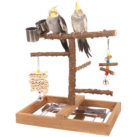 Soporte de madera para loros – Área de juegos con comederos, gimnasio natural para interiores y exteriores