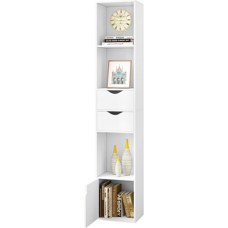 Woltu – Bibliothèque colonne 158 cm avec 3 compartiments ouverts – 2 tiroirs – Panneaux mélaminés – Charge maximale 40 kg – Blanc