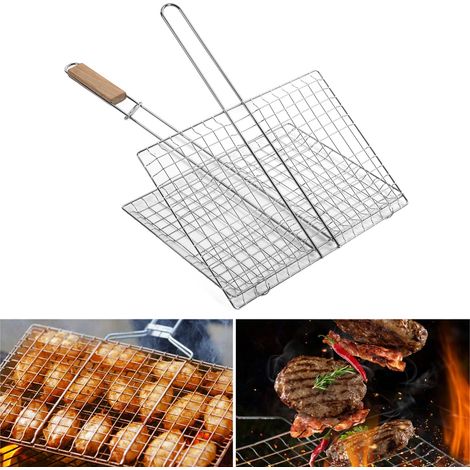 Panier de grillade BBQ en acier chromé avec poignée bois de hêtre, anti-corrosion et multi-usages (1/5)