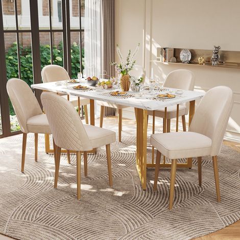 Lot de 6 chaises, chaises de salle à manger en velours, pieds en métal doré, dossier arqué, ergonomiques, convient pour salle à manger, salon - beige (1/5)