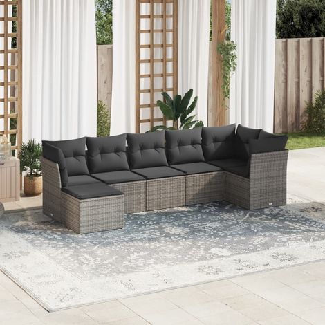 Ensemble Canapé de Jardin Modulaire 7 Pièces Gris Tressé Résine avec Table et Coussins (1/3)