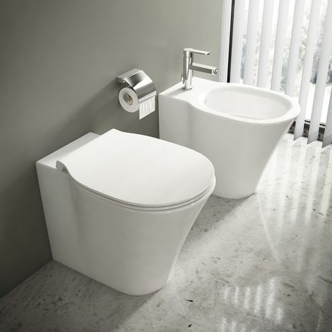 Wc + Bidet a Terra Filo Muro CONNECT AIR Senza Brida Ceramica - Bianco Lucido (1/5)