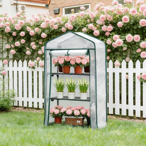 Serra da giardino esterna 69 x 49 x 125 cm con porta avvolgibile, 3 ripiani, bianca DESVIAE (1/5)