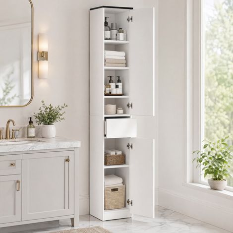 Meuble de salle de bain avec étagère réglable, 2 étagères fermées et un tiroir en bois, 30 x 28 x 180 cm, blanc (1/5)