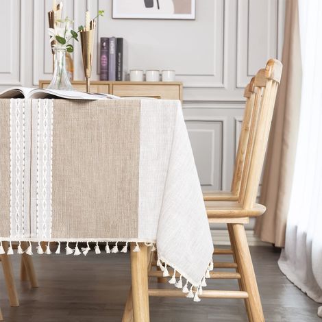 Nappe rectangulaire en coton et lin, style vintage, 140 x 240 cm, ornée de pompons, idéale pour la table de cuisine. (1/5)