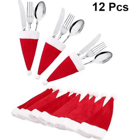 12 pièces porte-couverts en forme de chapeau de Père Noël Porte-couverts en forme de chapeau de Père Noël Fourchette et cuillère Sac de rangement Décoration de table-126cm (1/2)
