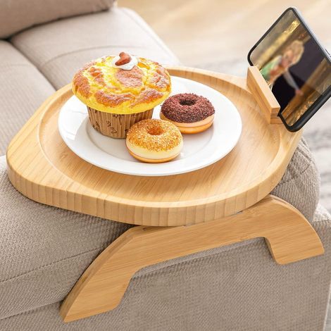 Plateau de canapé avec support rotatif pour téléphone portable en bois et bambou - Accoudoir pliable - Pour canapés larges - Antidérapants - Pour canapé - Support de gobelet - Rond (1/5)