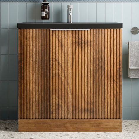Fluted 800mm Bathroom Vanity Unit Basin Floorstanding Cupboard Soft Close Walnut (1/5)