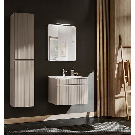 Badezimmer Set 61 cm Waschtisch Keramik Waschbecken Hochschrank IRAKLIO-56-CASHMERE Beige B/H/T ca. 120/200/46 cm (1/5)