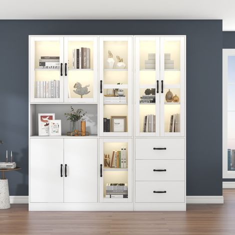 Vetrina combinata in truciolare bianco 180 x 40 x 200 cm, 8 ante, 3 cassetti, LED USB