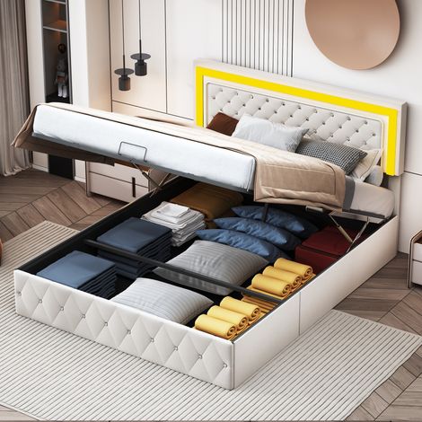 Polsterbett 160x200 cm Doppelbett mit LED-beleuchtetem Kopfteil und hydraulischen Stangen, Lattenrost, Metalluntergestell, Doppelbett im skandinavischen Stil, Beige (1/5)