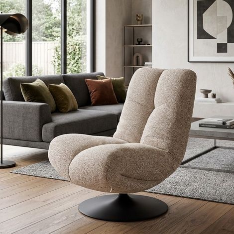 Fauteuil pivotant design en tissu beige et pied métal noir Gia (1/5)